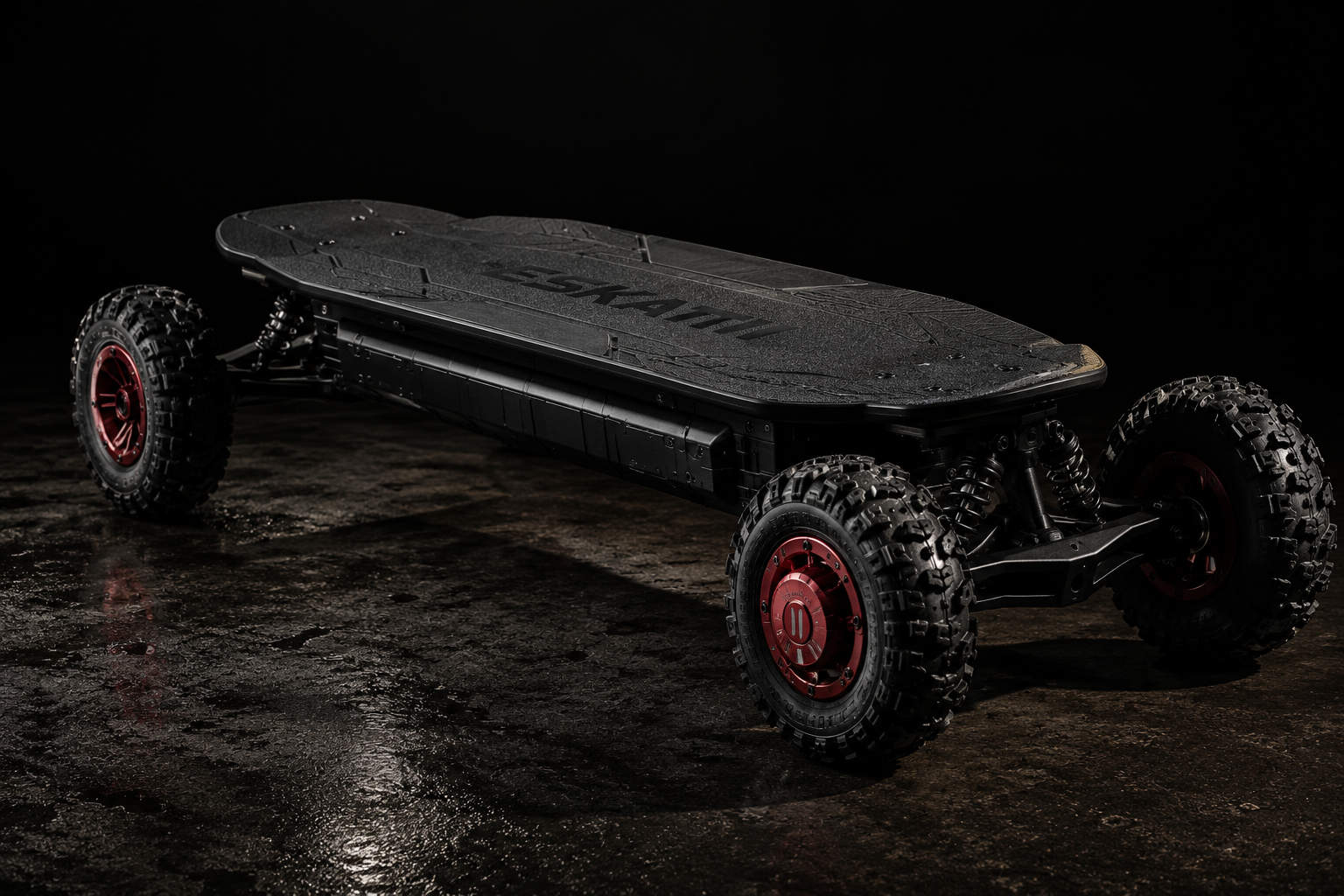 ESKATII Mk1 electric skateboard studio shot on a black background.