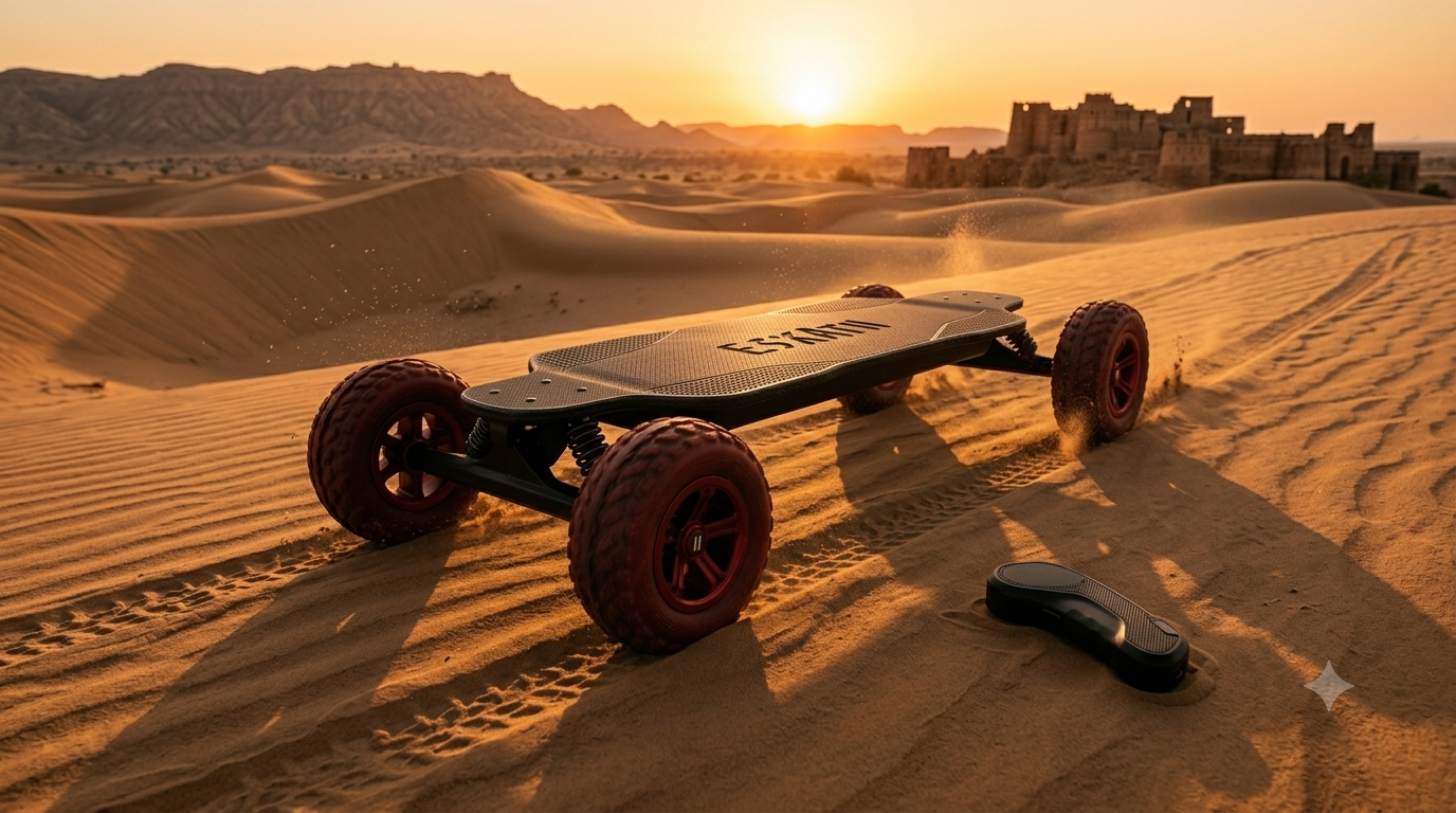 ESKATII Mk1 electric skateboard on the dunes of Rajasthan at sunset, an ancient fort in the distance.